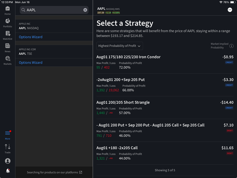 The options wizard select strategy on the iPad